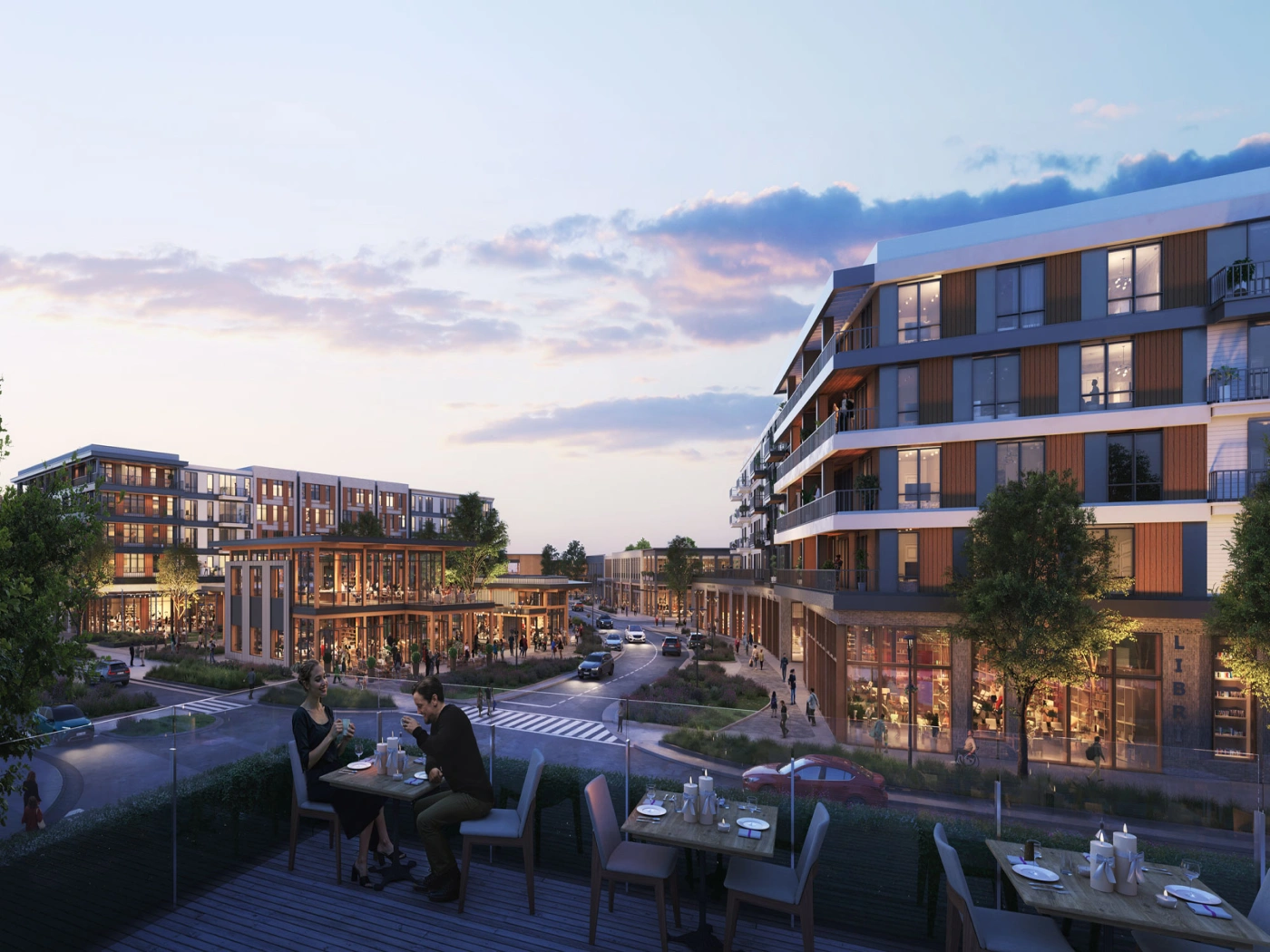 Contemporary commercial village in Apex North Carolina with outdoor seating