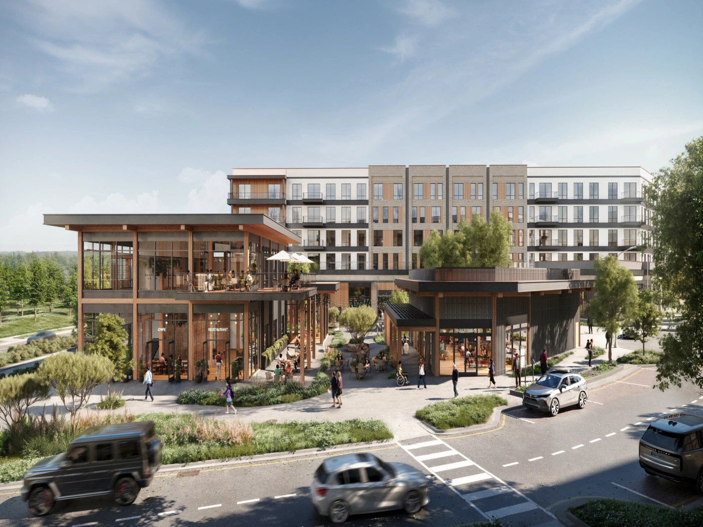 3d rendering of a modern village in Apex North Carolina