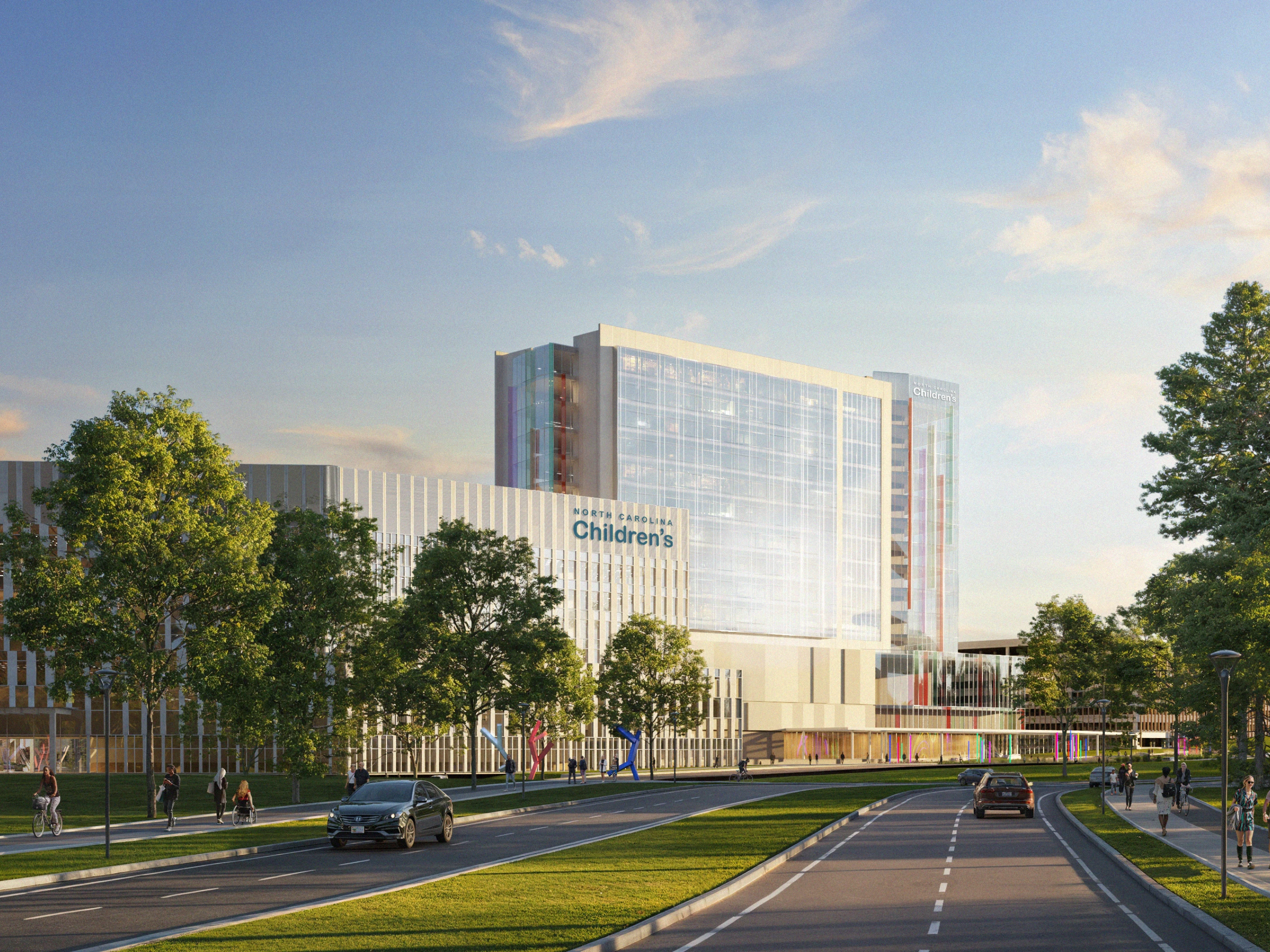 Contemporary healthcare facility with large windows greenery and pedestrian friendly streetscape environment