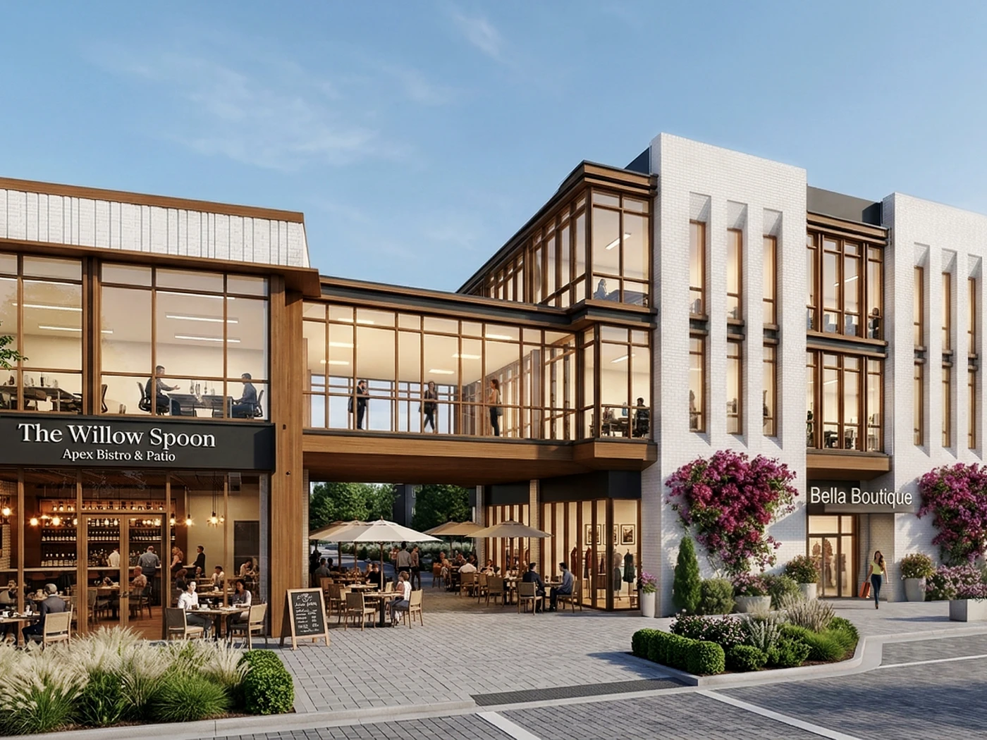 Contemporary retail and dining complex with outdoor seating pedestrian plaza and upscale storefronts