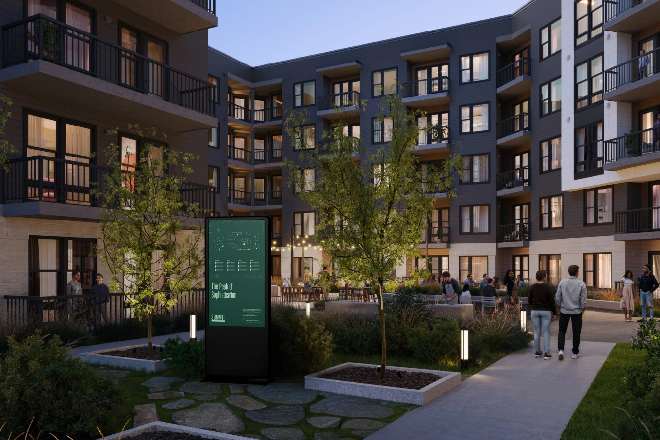 Modern apartment courtyard at Veridea in Apex North Carolina with landscaped gathering spaces