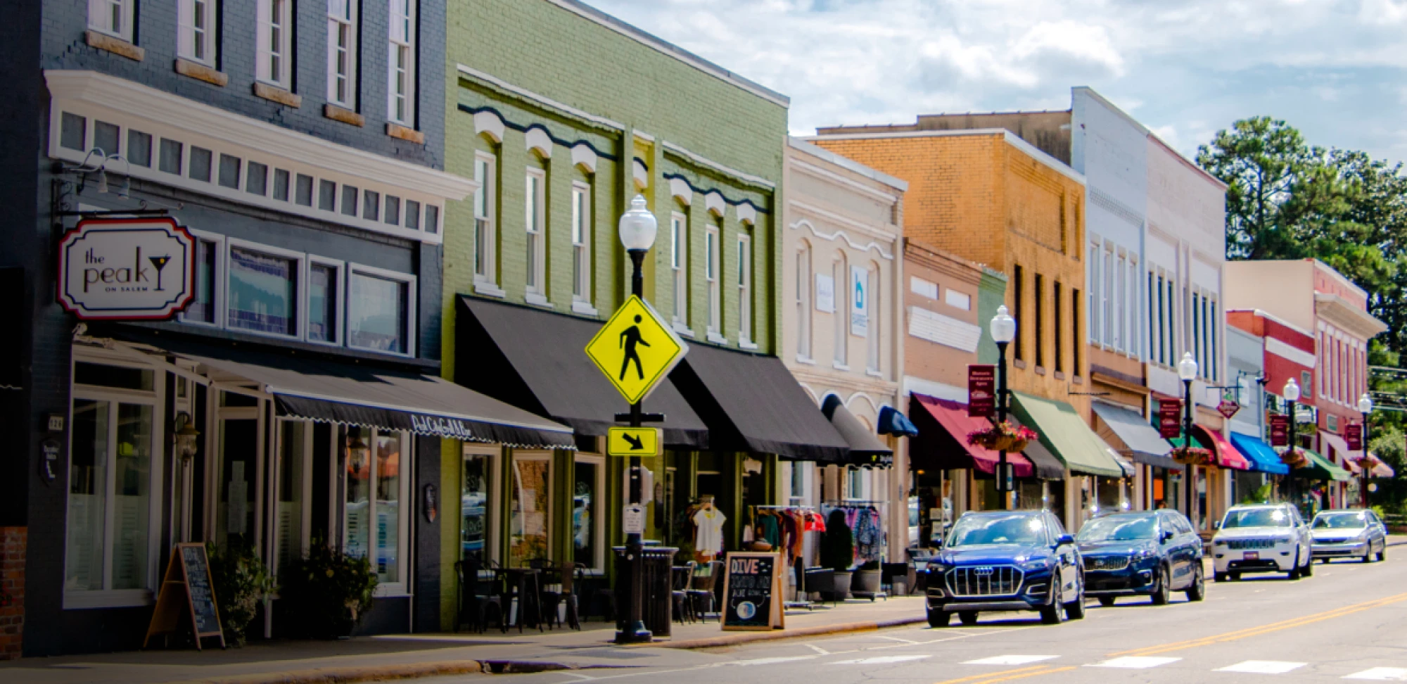 Historic storefronts and walkable shopping district in Apex NC near Veridea