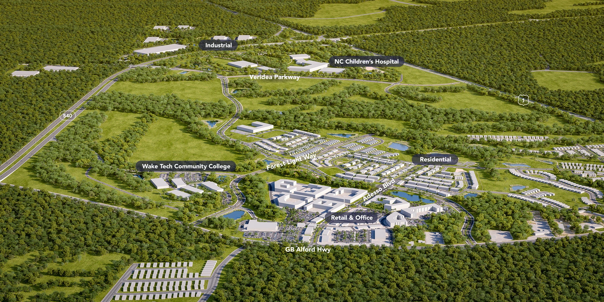 Large scale site plan rendering featuring college hospital housing commercial areas and connected roadway network