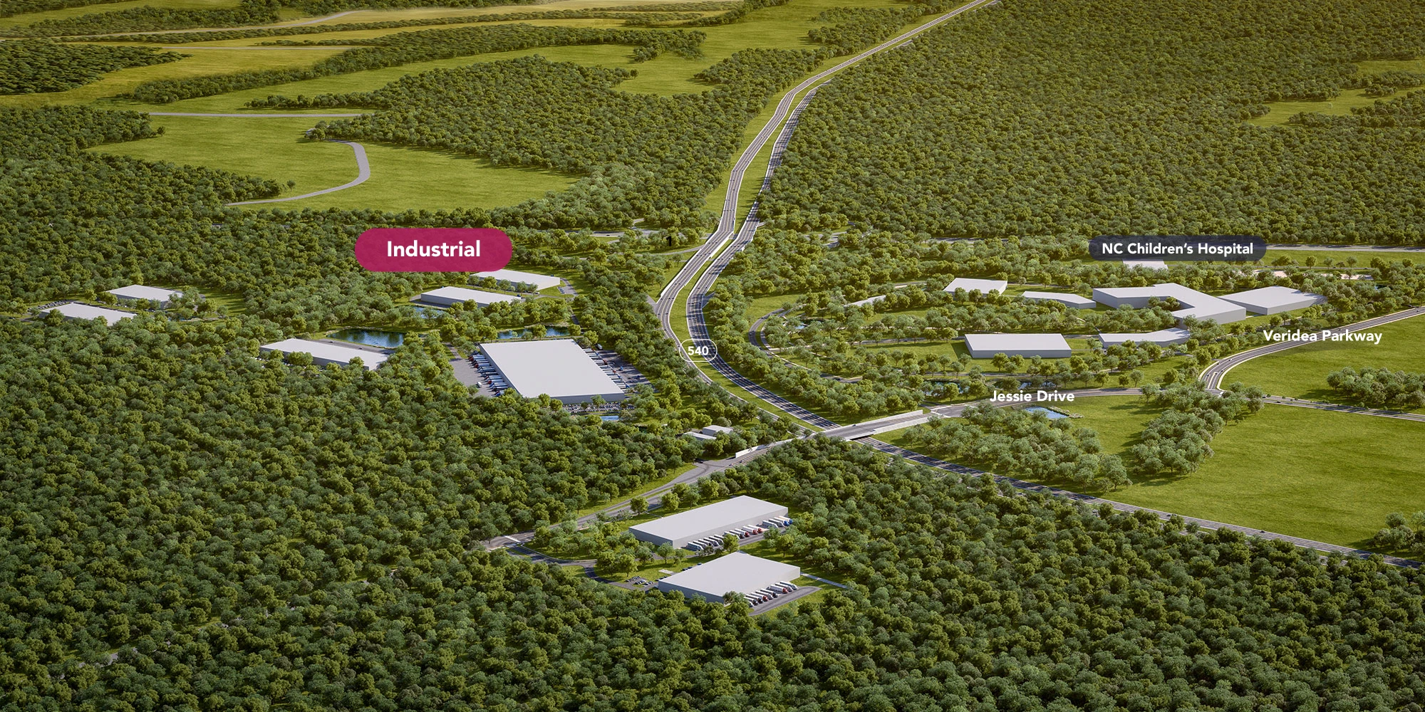 Large scale site plan showing industrial buildings highways intersections and adjacent healthcare and green spaces