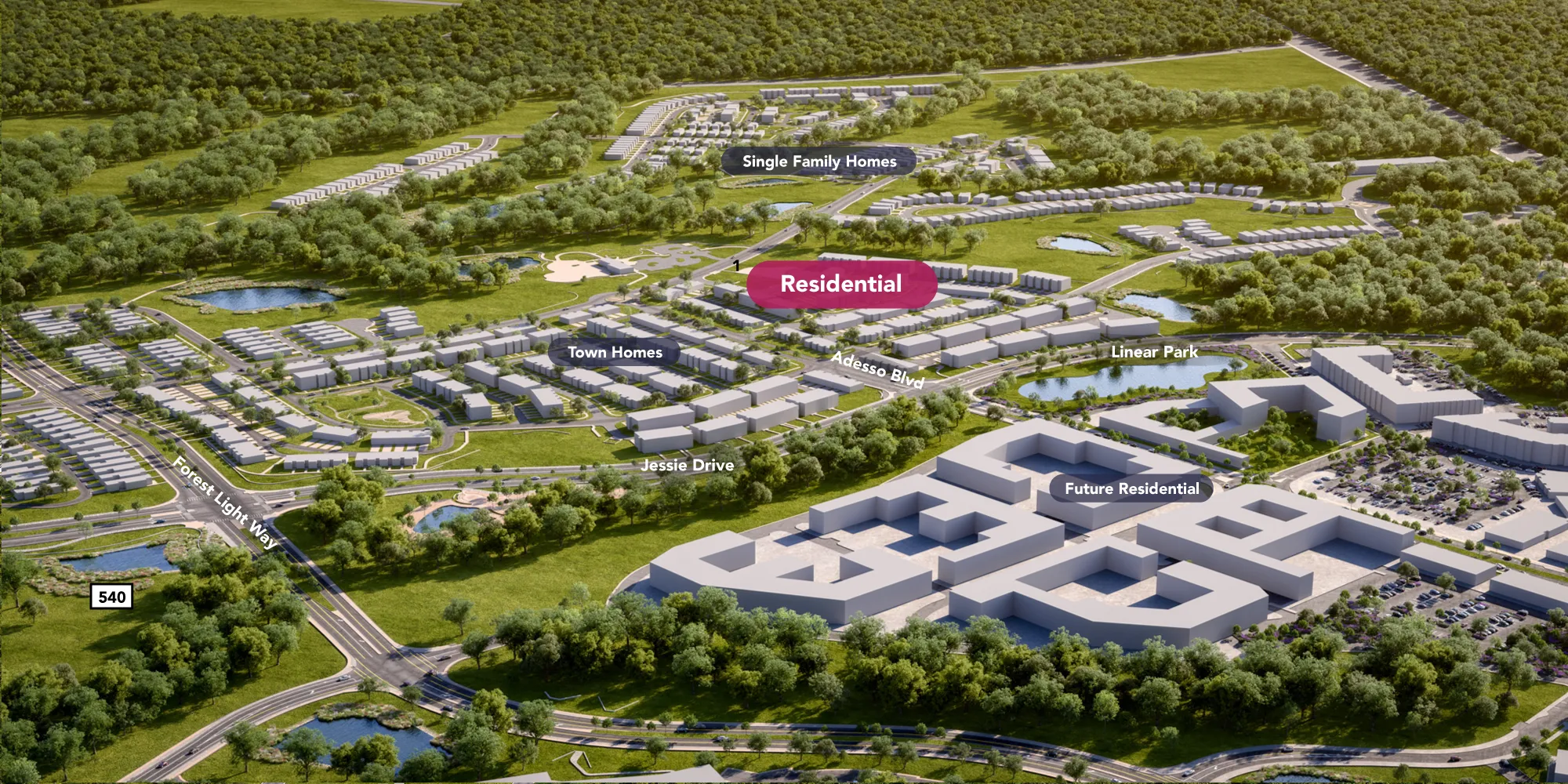 Large scale neighborhood site plan featuring residential zones green spaces ponds and connected roadway network
