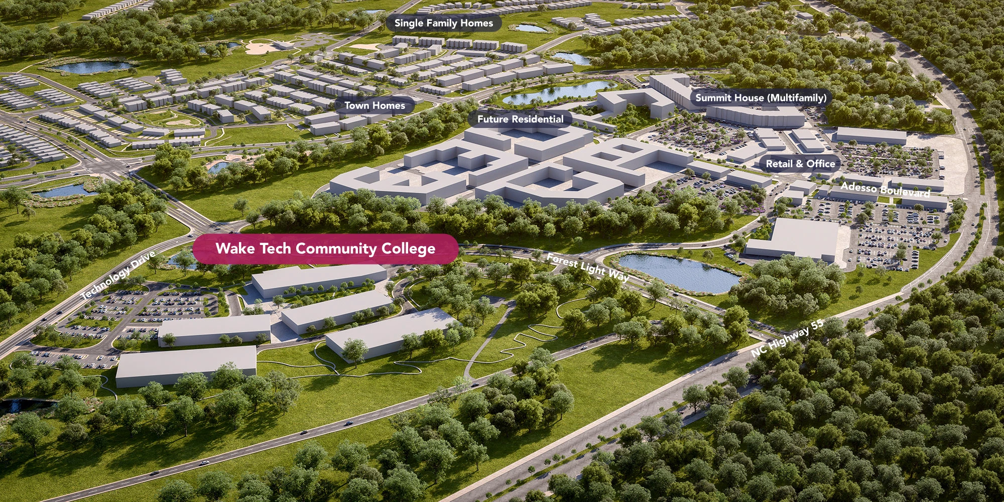 Large scale community site plan featuring college campus housing areas roadways and mixed use development zones