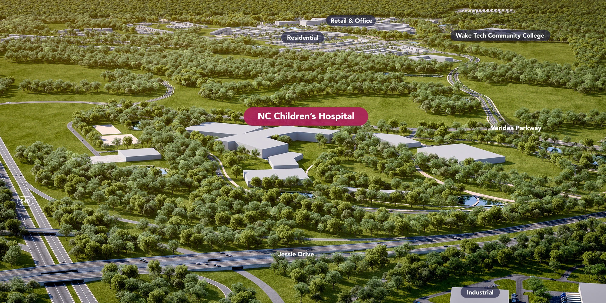 Large scale site plan visualization featuring hospital complex roads nearby college and mixed use development areas