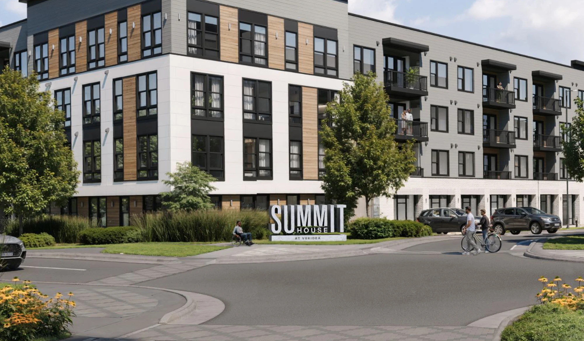 Contemporary residential complex with street level parking pedestrian walkway and stylish apartment facade design