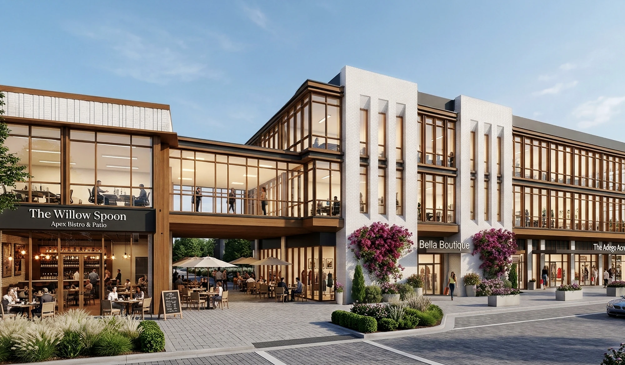 Contemporary lifestyle center featuring restaurants shops pedestrian walkway and upper level office space with glass facade