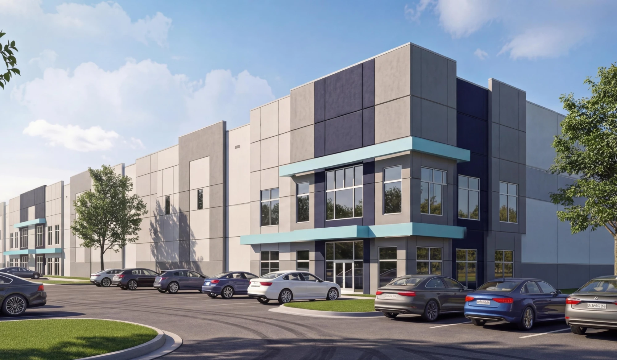 Newly constructed distribution center featuring large warehouse space front office windows and parked vehicles