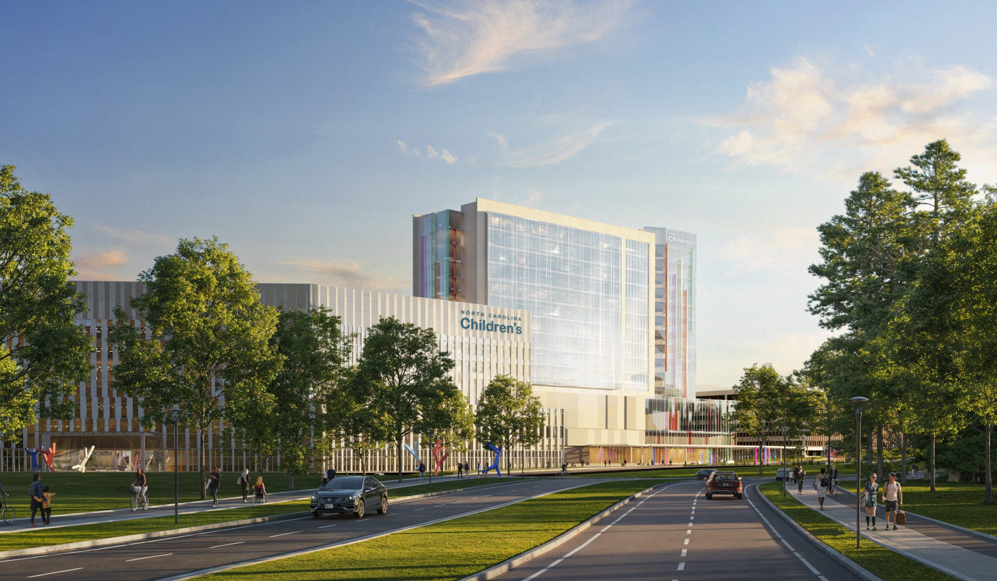 North Carolina children’s hospital building with scenic surroundings modern architecture and active community environment