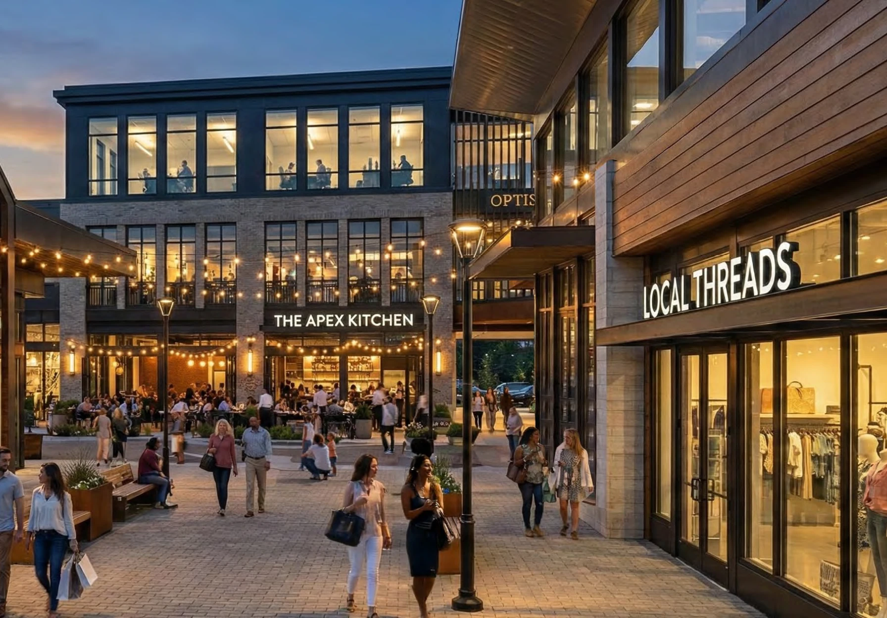 Modern lifestyle center featuring restaurants shops pedestrians and illuminated outdoor seating area in evening