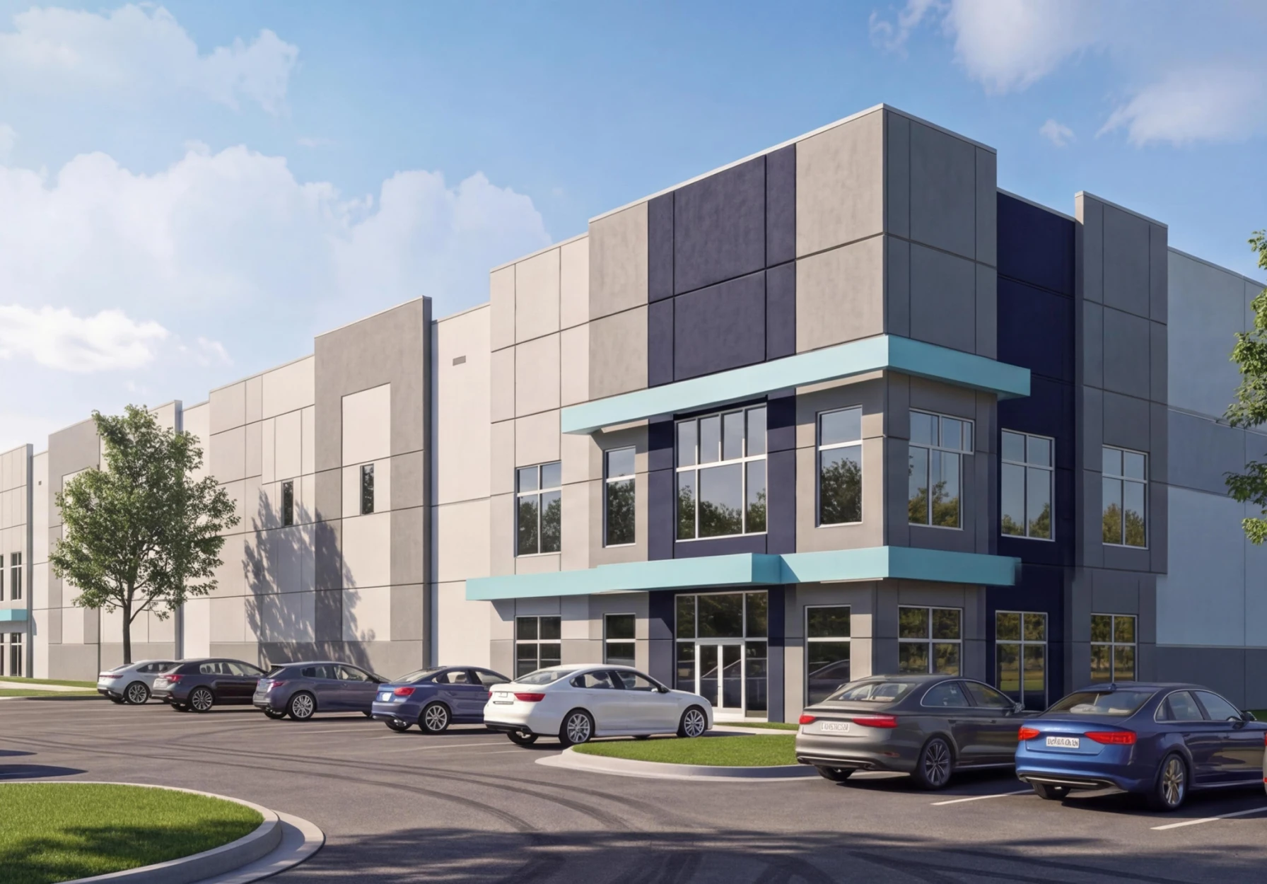 Contemporary commercial warehouse exterior featuring office entrance glass windows and surrounding parking area