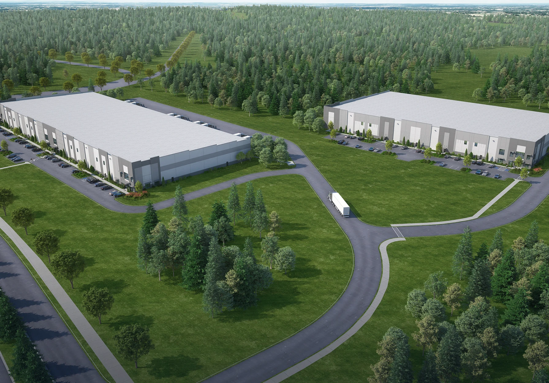 Modern logistics facilities featuring large distribution centers truck access routes and landscaped industrial park setting