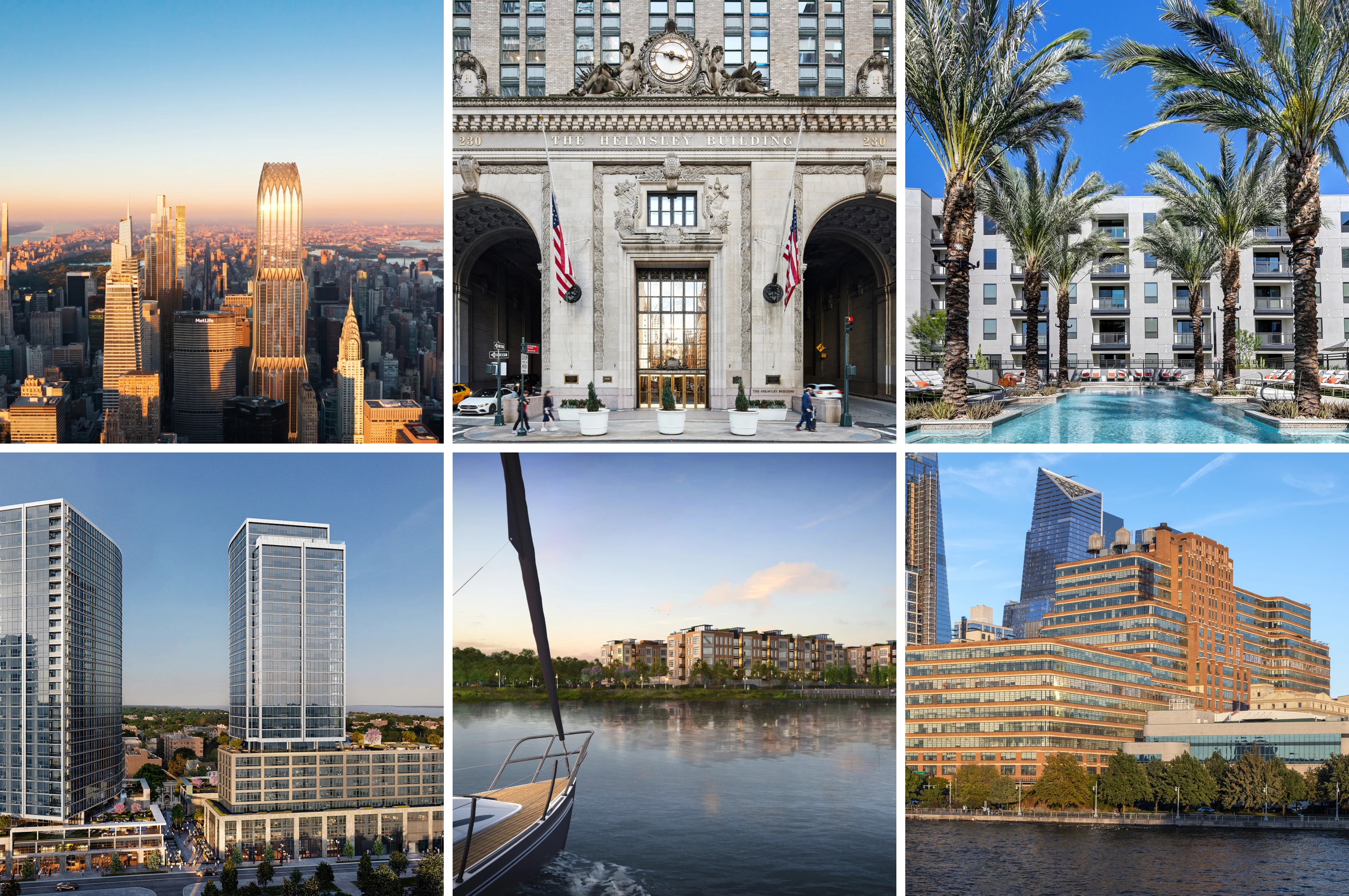 Collection of city scenes including skyline views luxury apartments palm lined pools and waterfront living environments