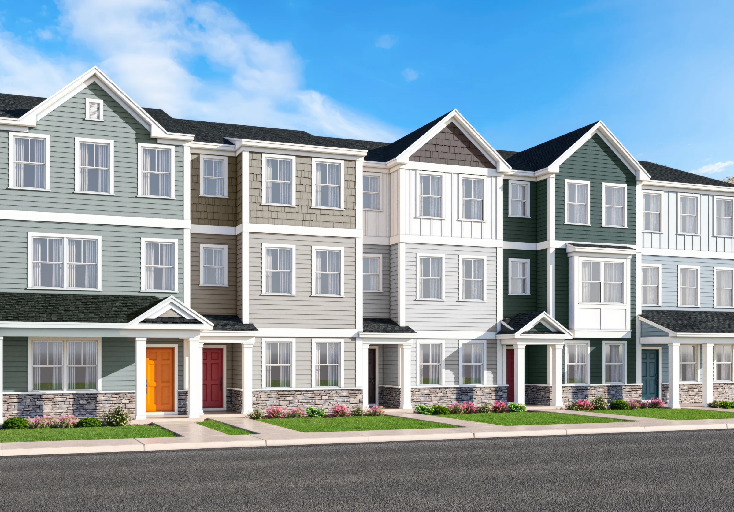 Colorful row of modern townhouses with varied siding textures bright doors and landscaped front yards