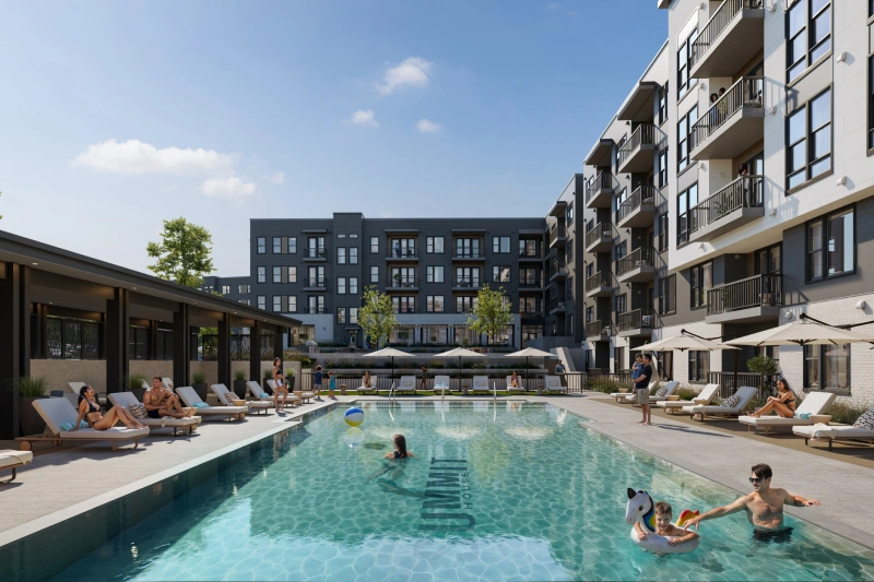 Residents enjoying luxury apartment pool in Veridea Apex North Carolina