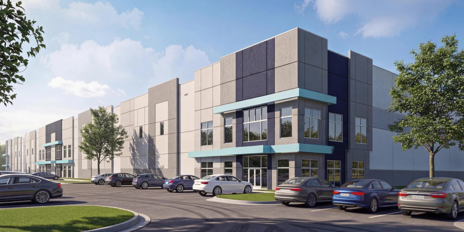 Commercial distribution building with large windows parking area and clean architectural design in business park setting