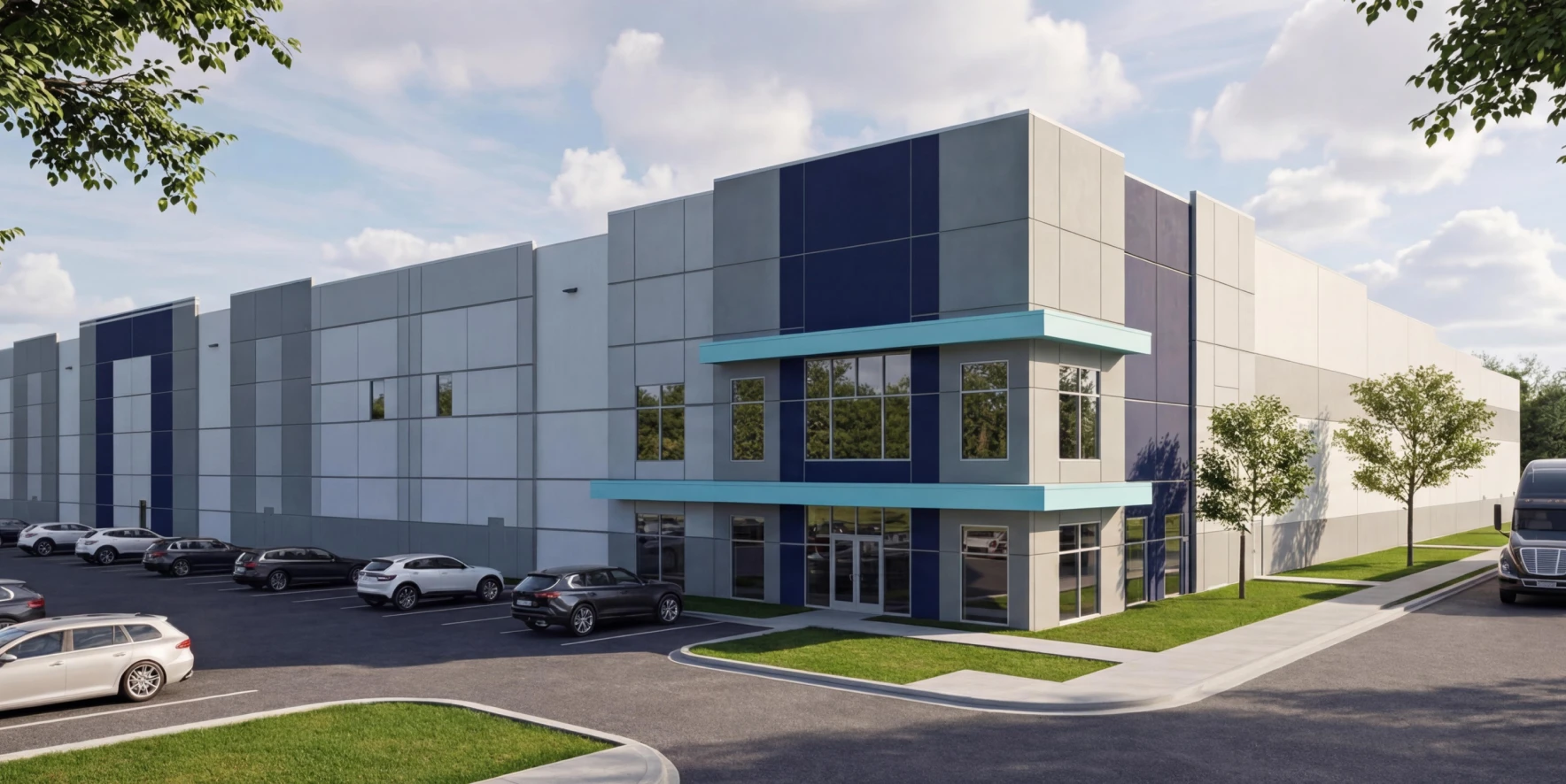 Newly built distribution center featuring glass office entry clean facade ample parking and truck access area
