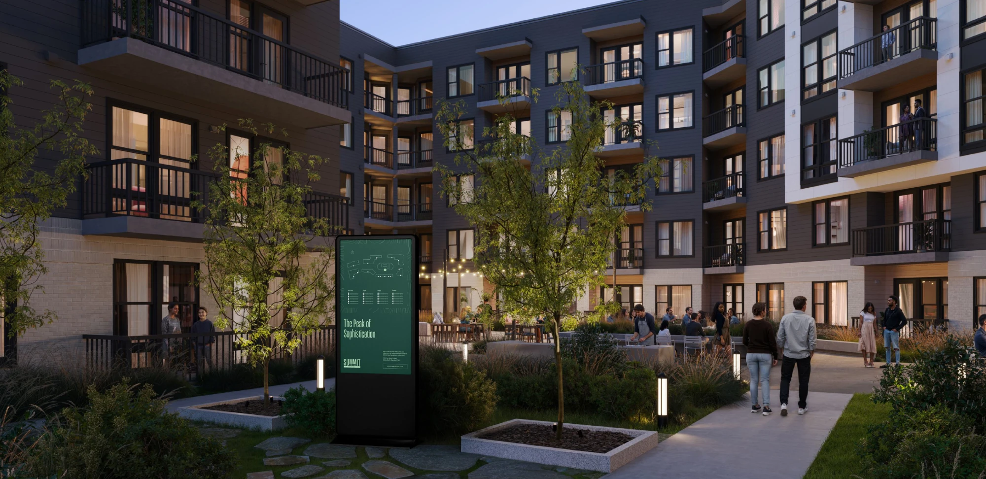 Contemporary residential courtyard featuring balconies greenery evening lighting and community gathering spaces