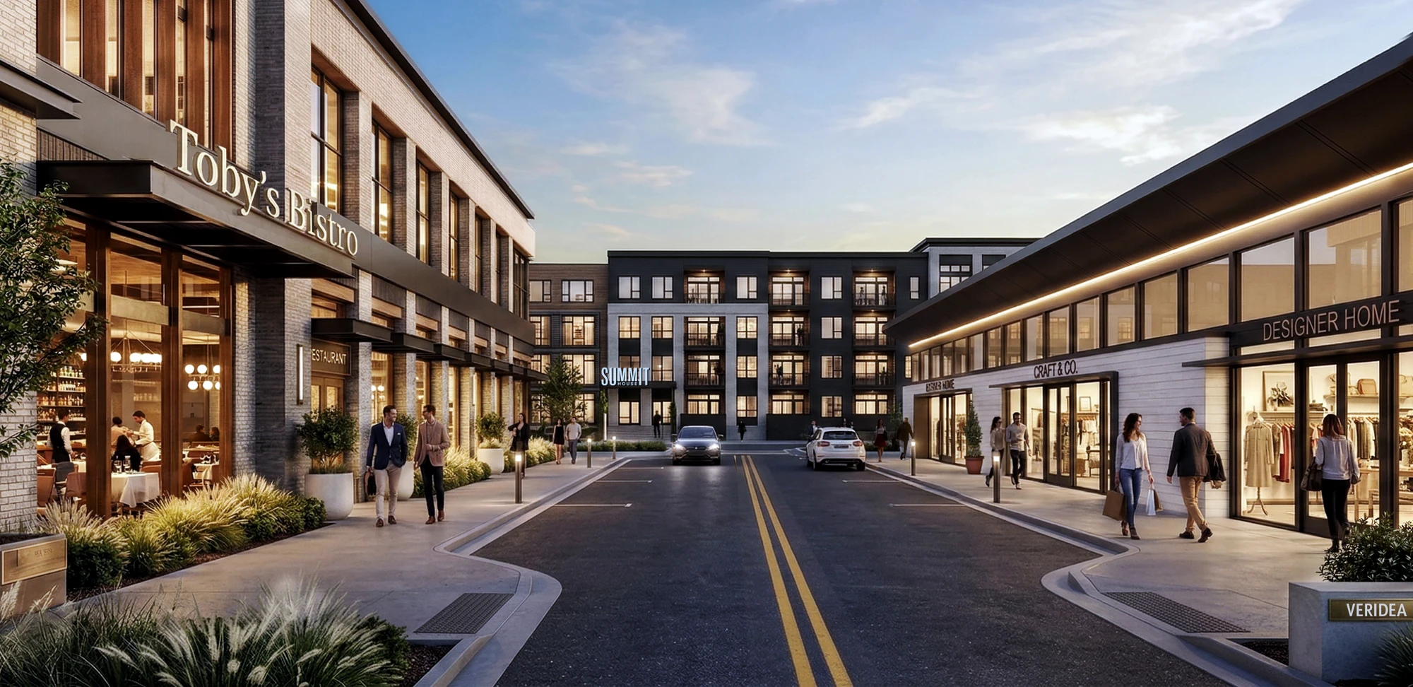 Contemporary retail and dining district featuring storefronts pedestrians and stylish urban residential backdrop