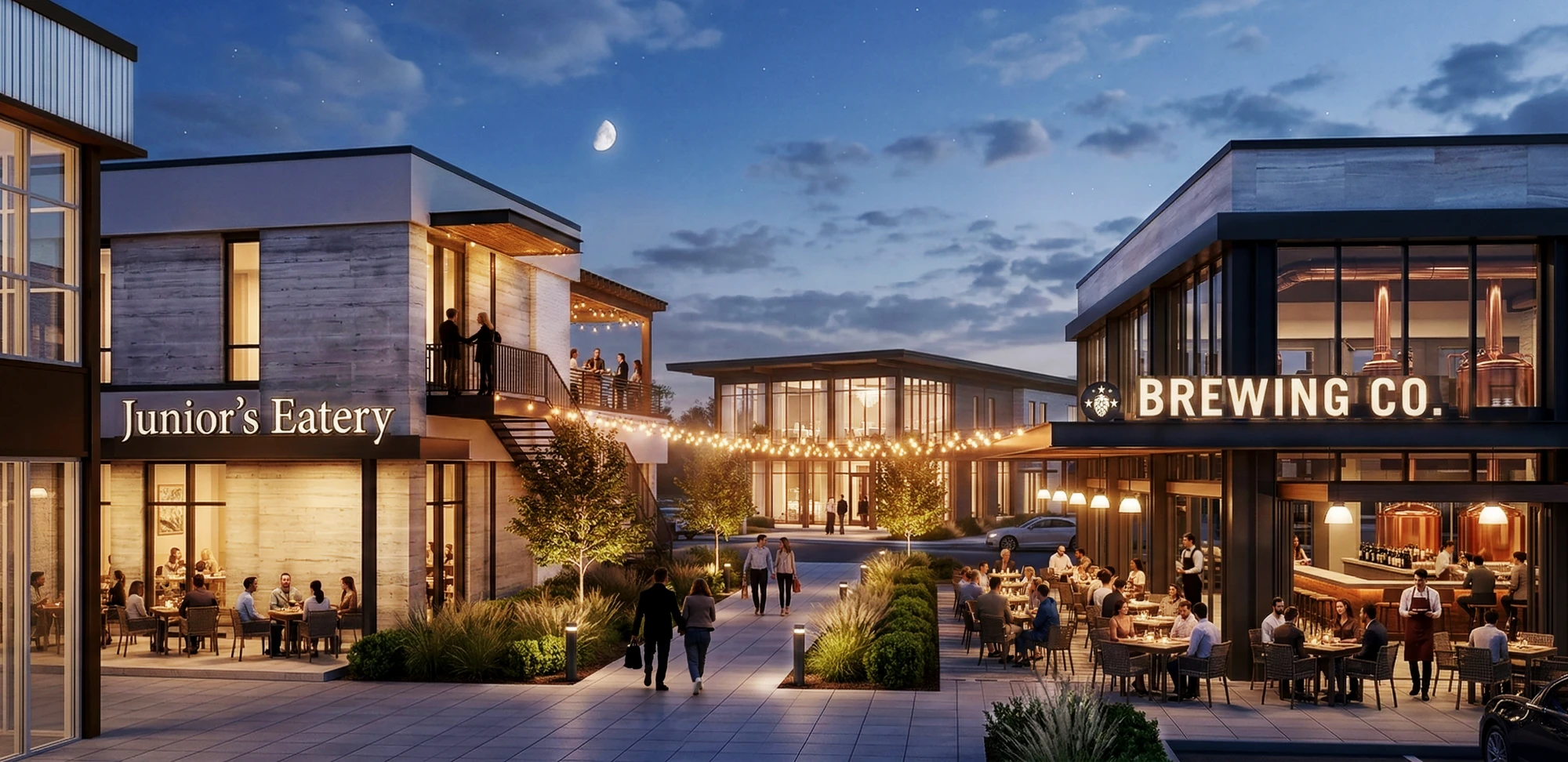 Contemporary restaurant and brewery complex with illuminated patios landscaped walkways and evening social scene