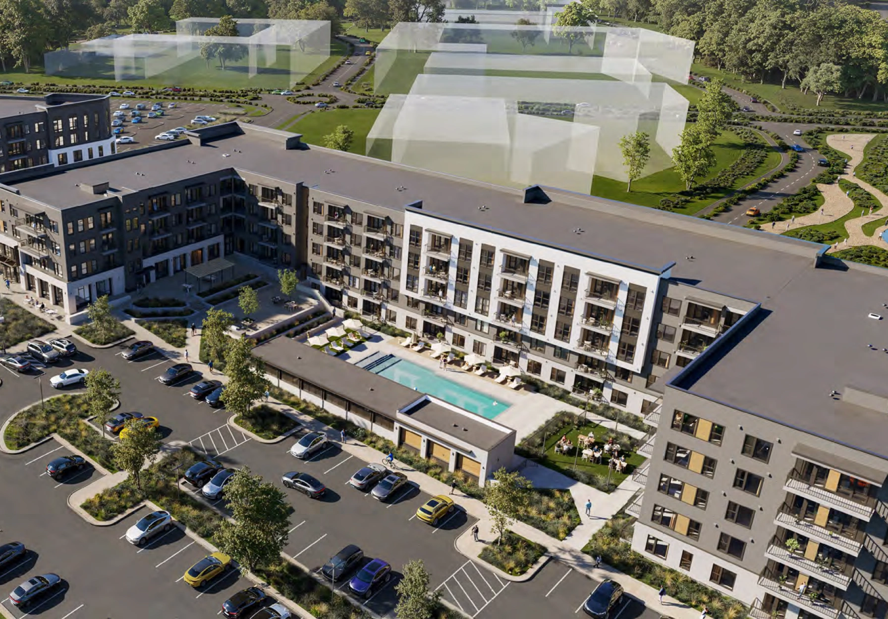 Contemporary residential development featuring multi story buildings outdoor amenities and organized parking spaces