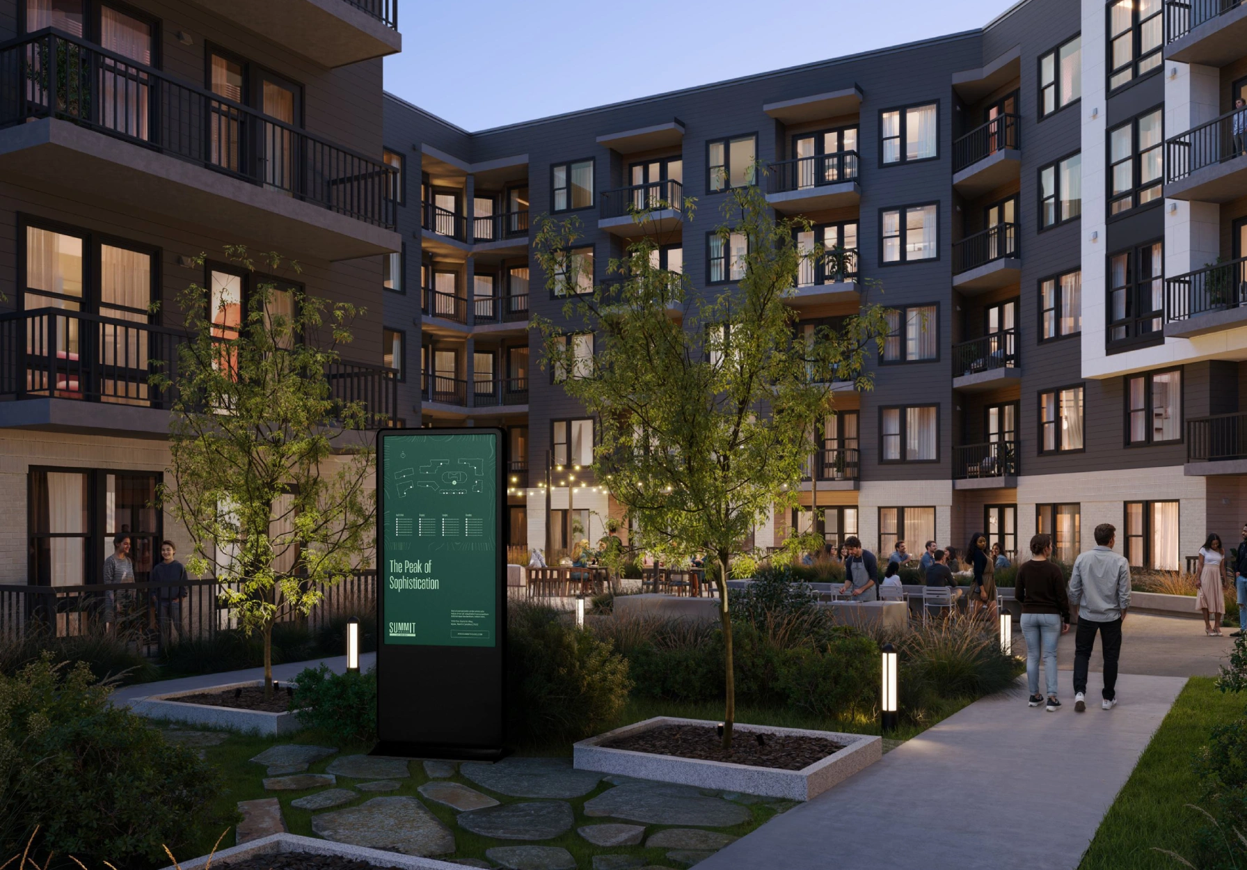 Evening courtyard of modern apartment complex with residents socializing among landscaped walkways and lighting