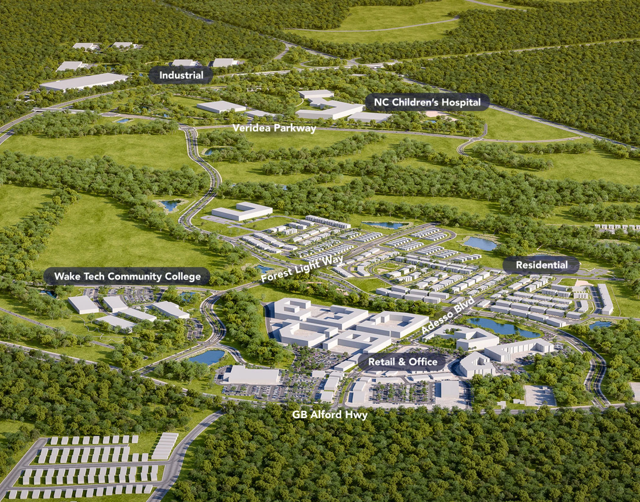 Expansive aerial masterplan of Veridea in Apex North Carolina surrounded by preserved woodland