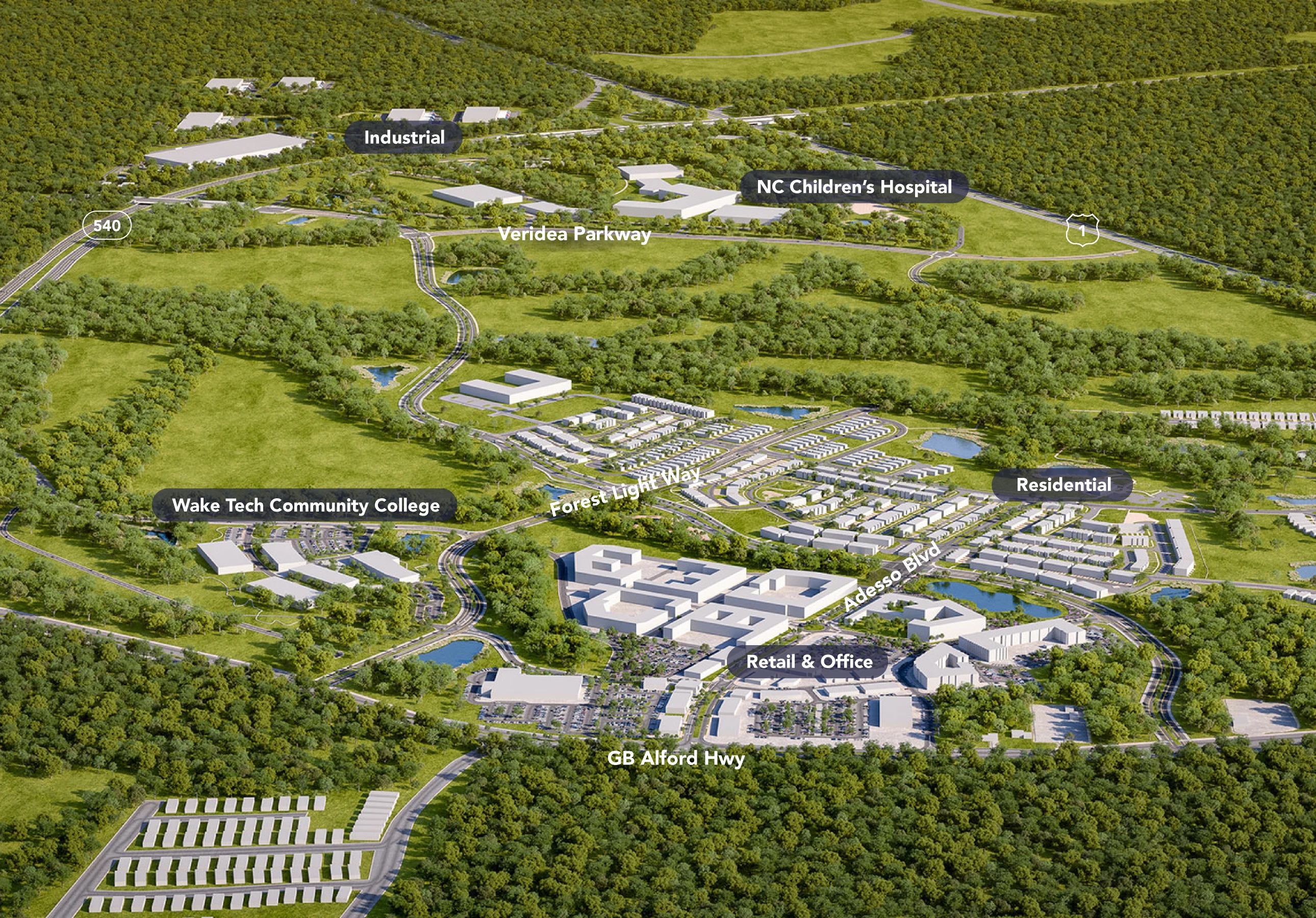 Expansive aerial masterplan of Veridea in Apex North Carolina surrounded by preserved woodland